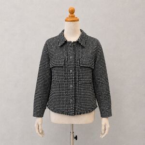 Nicole Miller Houndstooth Tweed Jacket Womens M Fringe Hem Business Preppy Chic